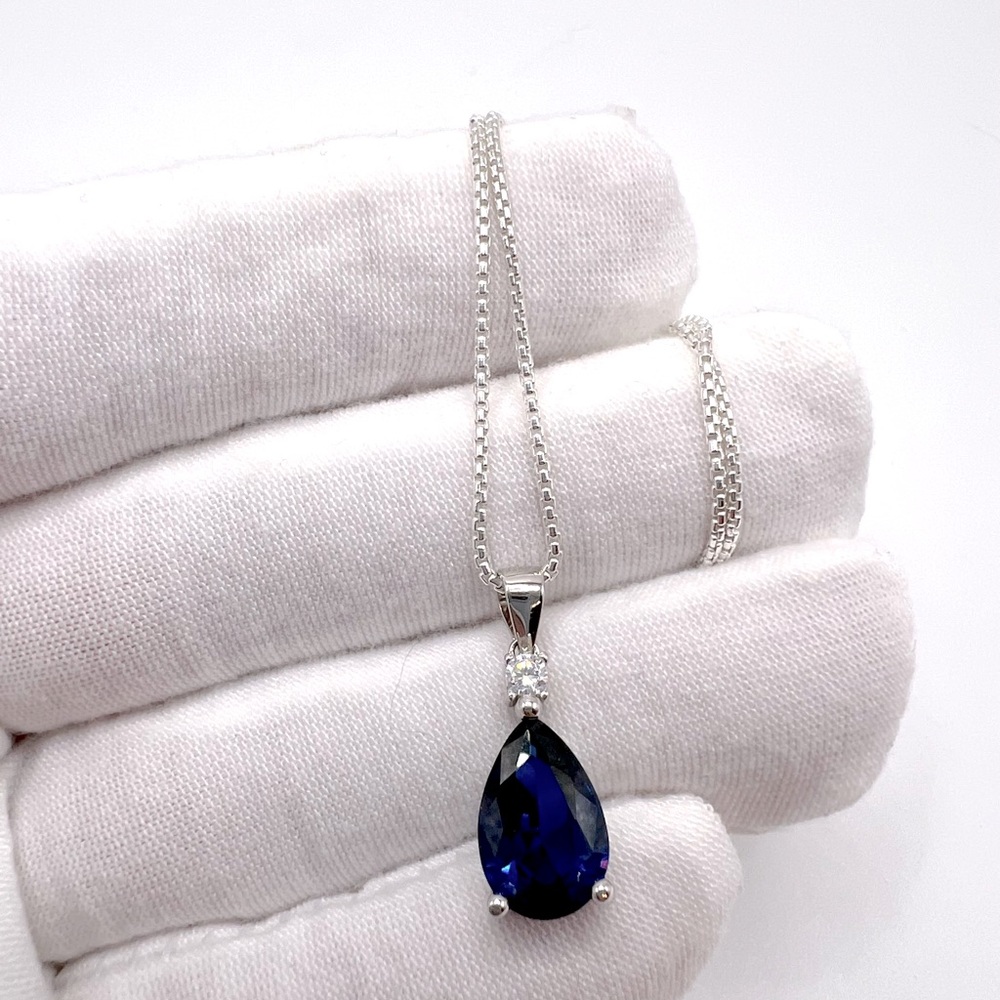 .925 Sterling Silver Simulated Blue Sapphire Cz Necklace